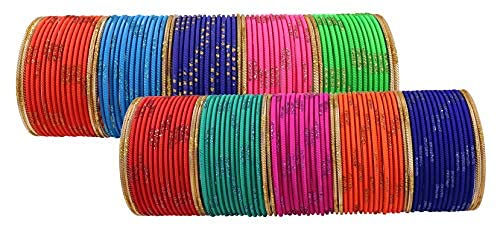 Image of NMII Stylish Multi colour Metal Bangles set for women and Girls with Zari and Cutting Design | Fancy Multicolour Bangles for women | Metal Chudi Set For Women | Women's Bangles