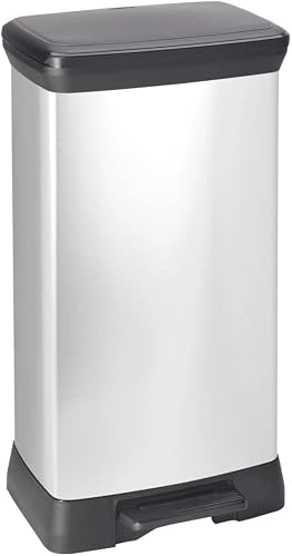CURVER Decobin - Poubelle rectangulaire à pédale, 50L - Fermeture Douce - Aspect Métal - Pour Cuisine, Bureau, Salle de Bain - 39 x 29 x 72 cm - Gris - Recyclé, Packaging renforcé - 1