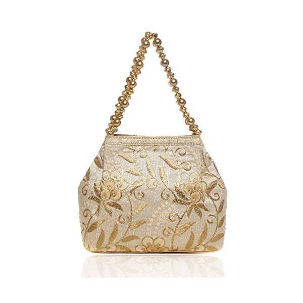Wenz Raw-Silk Designer Potli Bag for women with Golden Embroidery and Golden Pearl Handle Tassel - Image 4