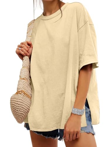 UNCLECAT Womens Oversized T Shirts Summer Trendy Short Sleeve Crew Neck Tops Loose Fit Side Slit Tee Apricot