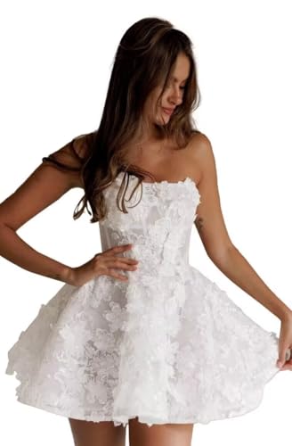 Wchecalino Short Strapless Wedding Dresses for Women A Line White Lace Tulle 3D Flower Applique...