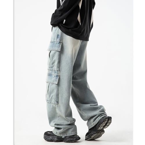 EnllerviiD Men's Baggy Cargo Jeans Relaxed Straight Fit Work Jeans Hip Hop Skater Denim Pants with Multi-Pockets4