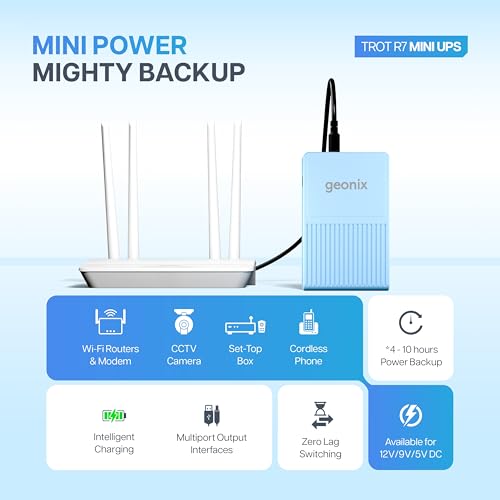 Image of Geonix Trot R7 Mini UPS, Backup 4-10 Hrs, 2x2000 mAh Battery, Supports DC Port (12V /2A,9V /2A), USB (5V /2A) Output, Power Backup for Wi-Fi Routers, CCTV Camera, Cordless Phone, Modem (Maya Blue)