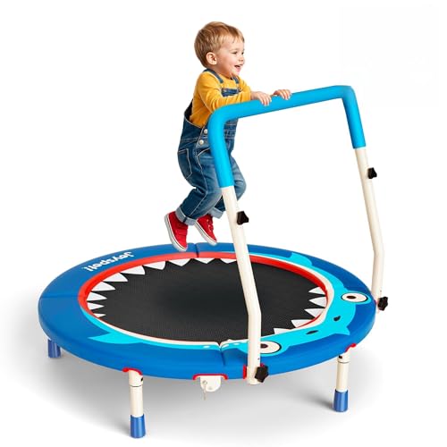 JOY SPOT! Trampolin Kinder Indoor Outdoor, Hai-Motiv Ø91cm Mini Trampolin mit verstellbarer Haltegriff, Faltbares Kindertrampolin bis 45 kg, Fitness Rebounder mit Sicherheitspolster für Kleinkind 3-12