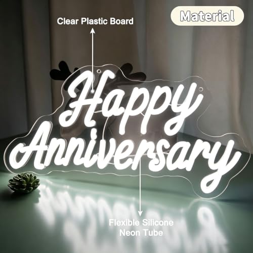 Image of Happy Anniversary Neon Sign - 15.75 inch Dimmable LED Wall Decor Light, USB Romantic Gift for Couples,Business Celebrate Banner,Party Wedding Anniversary Decorations White