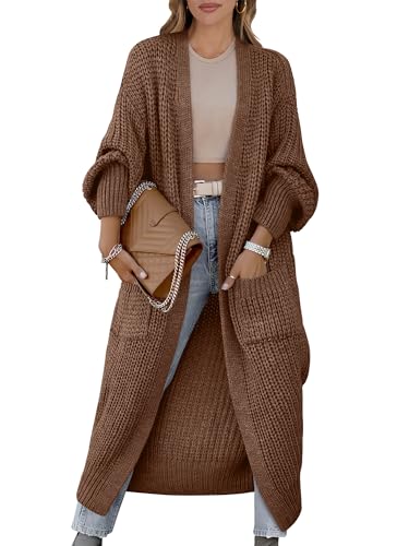 Caracilia Women Cardigan Sweaters Long Sleeve Open Front Knit Long Coat Duster Cozy 2025 Fall Winter Outfits with Pockets Coffee XX-Large