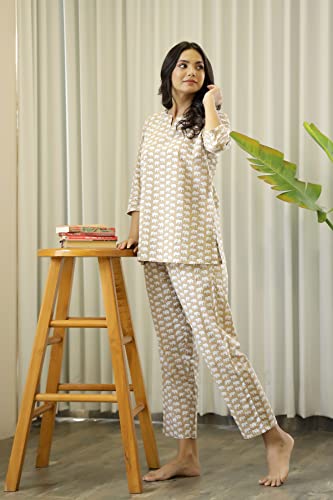 Image of SANSKRUTIHOMES Women's Premium 100% Cotton Printed Co-Ord Set | Short Sleeve Shirt & Pant Set | Pink Checkered Sun & Palm Tree Print | Casual Summer Resortwear, Vacation Wear & Comfortable Loungewear