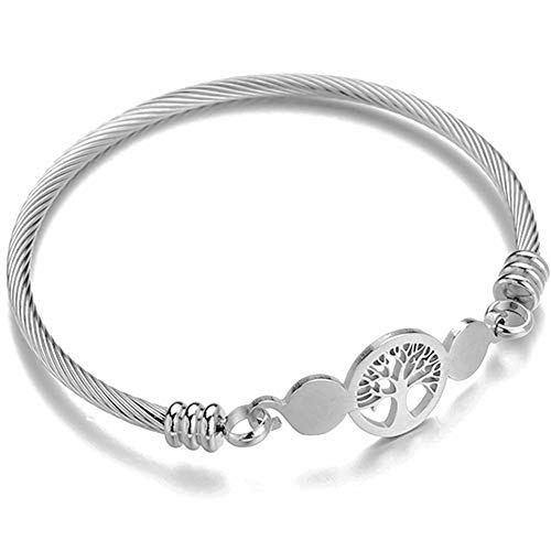 Stainless Steel Cable Wire Tree of Life Charm Bracelet Bangle (Silver)