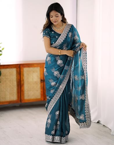 Image of SIRIL Women's Chiffon Scalloped Border Sequins Embroidery Saree with Unstitched Blouse Piece