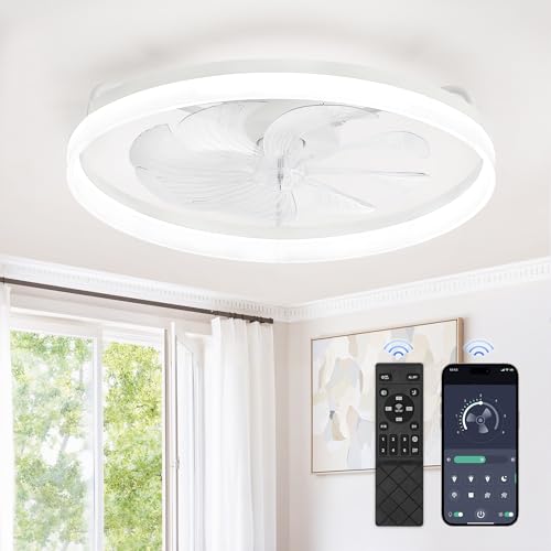 Image of LEDIARY Ceiling Fans with Lights, 23 inch Low Profile Flush Mount Ceiling Fan, Dimmable LED, APP & Remote Control, Quiet Reversible DC Motor, 6 Speeds, Fandelier for Bedroom, White