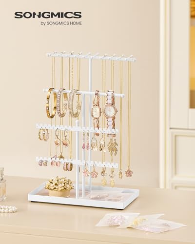 SONGMICS Schmuckständer, Schmuckhalter, Metallrahmen, Schmucktablett Samt, Schmuckaufbewahrung für Halsketten Armbänder Ohrringe Ohrstecker Ringe, Geschenkidee, mattweiß JJS036WG03