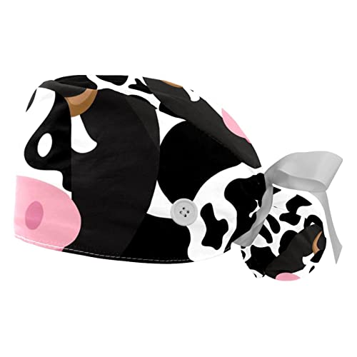 Image of 2 PCS Bouffant Cap with Button Ponytail Pouch Working Cap Sweatband Adjustable Surgical Cap Black and White Cow