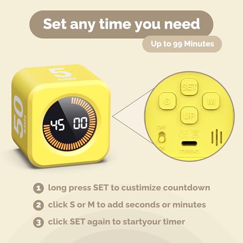 Image of KADAMS Timer Pomodoro - Productivity Pomodoro Cube, 5 /10 /25 /50 Min Countdown & Countup, Silent - for Work Study Workout Kitchen School Classroom Office ADHD Gift Kids (1, Yellow)