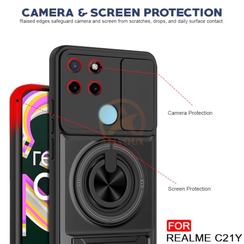 Image of Realme C21Y / C25Y Back Cover | Armor Camera Slider 360 Degree Rotating Finger Ring Holder Case with Bracket Stand Back Case Cover (Compatible with MagSafe Accessories) (Black)