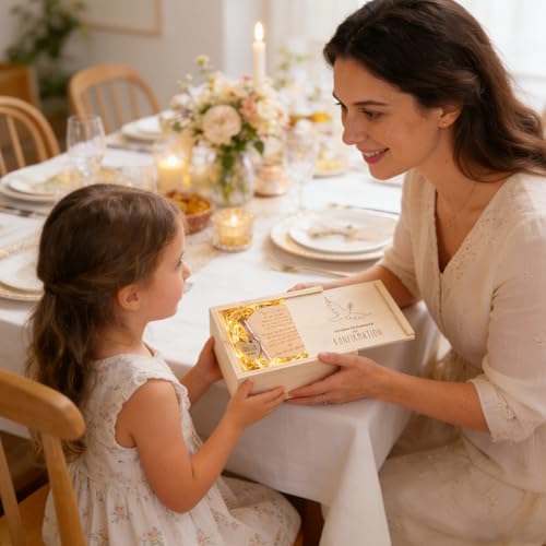 Konfirmation Geldgeschenk Verpackung, Holzkiste zur Konfirmation für Kinder - Geschenkbox mit Tauben Motiv(16 x 13 x 5 cm) | Holzschilder | Bast | Lichterketten | Reagenzgläser