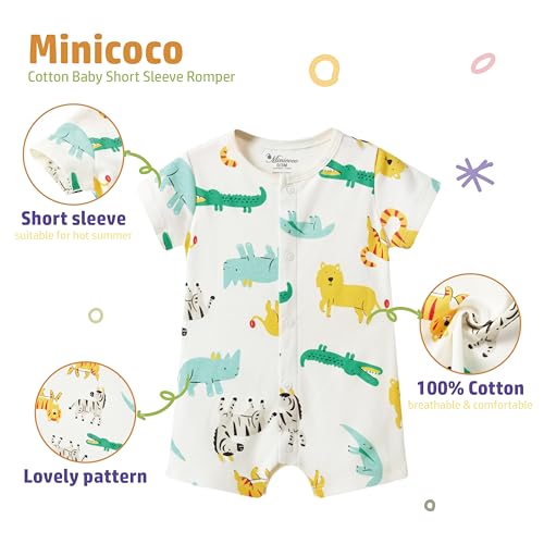 Baby Boy 3-Pack 100% Cotton Short Sleeve Rompers-Breathable One-Piece Jumpsuits with Animal Themes for Spring/Summer2