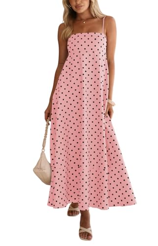 chouyatou Women's 2026 Vintage Polka Dot Maxi Dress Back Smocked Spaghetti Strap Ruffle Hem Swing Long Dress (Small, Pink)
