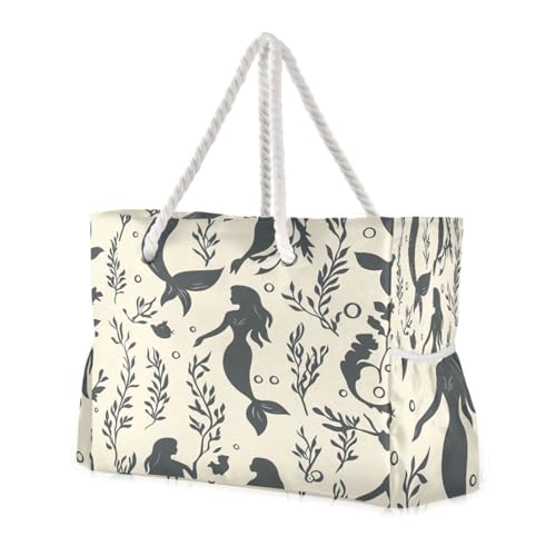 Beach Bag - Large Tote Bags for Women Mermaid Pattern Shoulder Bags Zipper Waterproof Sandproof for Travel Gym Swim Daily