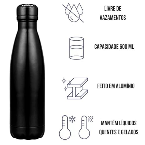 Garrafa Lisa Alumínio 600ml Academia Squeeze Térmica (Preta)