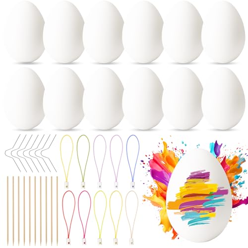 30 Deko-Eier Ostern 6cm Kunststoff Ostereier zum Bemalen 30 Aufhänger für Ostereier Plastikeier Weiß Eier zum Bemalen und Aufhängen Osterhandwerk Ostern Basteln für Dekoration und Geschenk