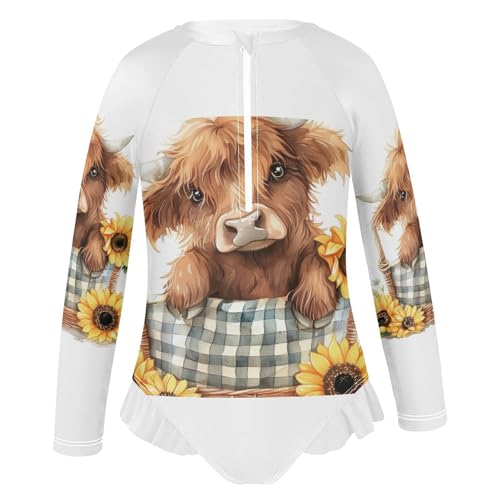 Cute Highland Cow Sunflowers Basket Girls Long Sleeve Swimsuit Rashguard Swimwear One Piece Bathing Suit 212202184