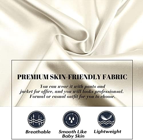 Pausus Women Satin Button Down Shirts with Pockets Long Sleeve Office V Neck Casual Business Silk Blouse Tops Slim Fit Dress Shirts (Beige,S)