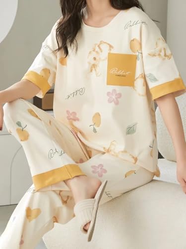 Image of GLASGO Women's Cotton Pajama Set with Top & Pants|| Korean Night Wear|| Loose Fit Home Wear || Lightweight Printed Set || Soft & Comfy Sleepwear for Girls & Women || LNS-4-$