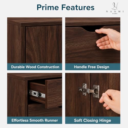 Image of Naomi Home Rolling Storage Cabinet with 5 Drawers & Side Cabinet, Engineered Wood Organizer with Shelves, Handle-Free Design & Swivel Casters for Home Office, Kids Room & Entryway - Brown Oak