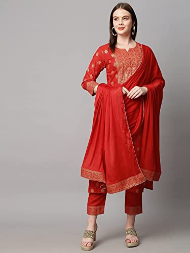 Image of GoSriKi Women's Cotton Blend Printed Straight Kurta with Pant & Dupatta