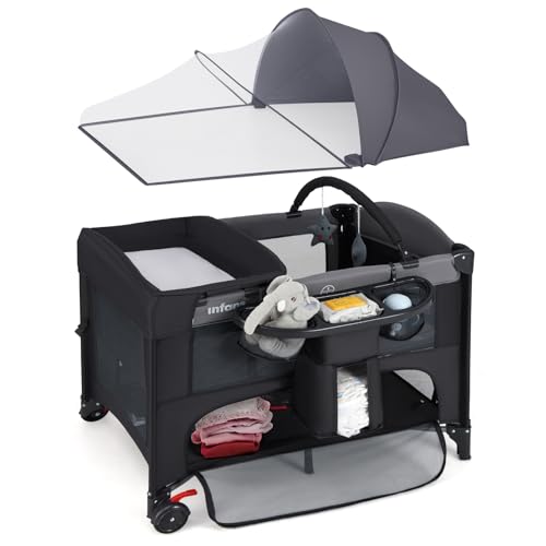 Image of INFANS Baby Bassinet, 4 in 1 Nursery Center Pack and Play Baby Playard with Changing Table, Mosquito Net, Storage Basket, Travel Bag for Newborn 0-36 Months (Black)