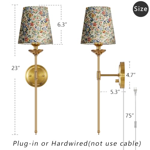 Image of Dimmable Plug in Wall Sconces Set of 2, Gold Bedside Wall Lamp with Knob Dimmer Switch and Flower Shade, 6.5FT Electric Cord Mid Century Modern Bathroom Wall Light Fixture for Bedroom Living Room