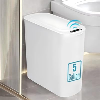 5 Gallon Motion Senor Bathroom Trash Can with Lid, Automatic Garbage Can Touchless, Smart Plastic Waste Basket for Narrow Spaces, Bathroom, Office, Bedroom, Living Room (White)