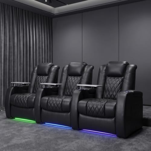 Image of Weilianda Home Theater Seating, Top Grain Leather Movie Theater Chair | Black Row of 3, Zero Gravity, Power Headrest, Tray Table, Electric Reclining Seat for Media Room