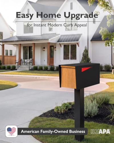 Image of Ilyapa Modern Mailbox for Post Mount, Black with Wood Door