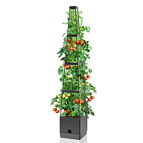 Vanpein Raised Garden Bed Planter Boxes & Trellis, Tomato Cage & Planter Pot Outdoor 59" Plant Support With Self Watering For Climbing Vegetable Flowers Vines Plants, Gray #TOP7
