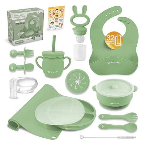 Image of Bluubi Silicone Baby Feeding Set - Infant Tableware for First Foods & Baby, Led Weaning (0+ Months), Easy to Clean, Durable, Perfect for Baby Boy or Girl, Solid Feeding - Olive - Deluxe