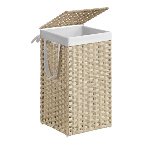 SONGMICS Laundry Hamper with Lid, 17.2 Gallon (65L) Synthetic Rattan Clothes Laundry Basket with Lid and Handles, Foldable, Removable Liner, Summer Sand ULCB165LZ01