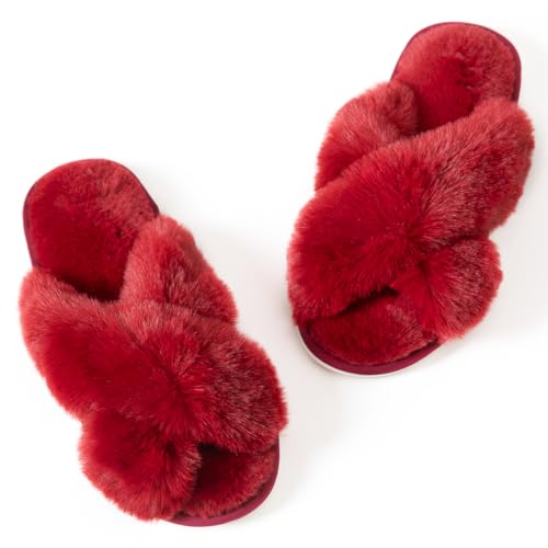 Image of Women's Cross Band Fuzzy Slippers Fluffy Open Toe House Slippers