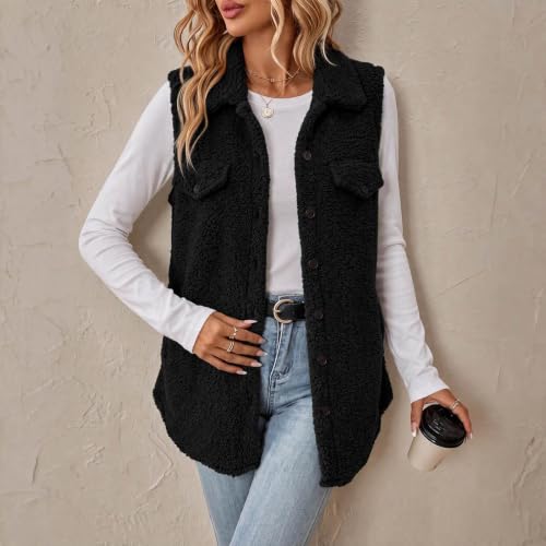Womens Sherpa Fleece Vest Longline Button Front Flap Pockets Casual Winter - image 8