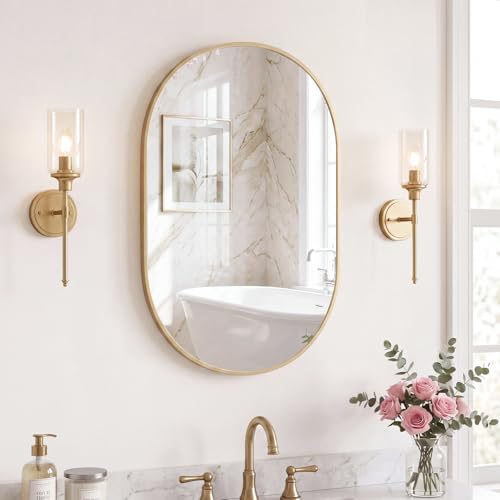 Image of Sweetcrispy 20 inch x 30 inch Gold Bathroom Mirror for Wall, Oval Wall Mirror with Metal Frame, Tempered Glass, Modern Vanity Mirror for Over Sink, Living Room, Bedroom, Entryway, Horizontal or Vertical