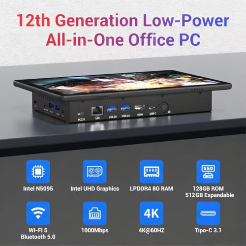 Image of Pinxnova Industrial Touchscreen Panel PC, 11.6 Inch, Windows 11, N5100 CPU, 8GB RAM, Dual RS232, Dual HDMI 4K, WiFi 6 BT 5.2, for HMI, Factory, Kiosk, POS