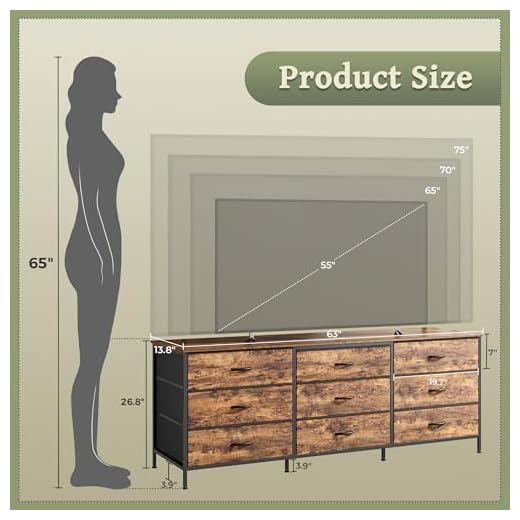 63 Inch Rustic Brown Dresser with 9 Drawers