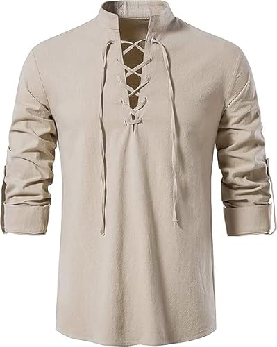 Enlision Camisas de Lino y algodón para Hombre con Cordones Estilo Medieval Vintage de Manga Larga clásicas escocesas jacobitas Estilo Ghillie Color Caqui Tallas M