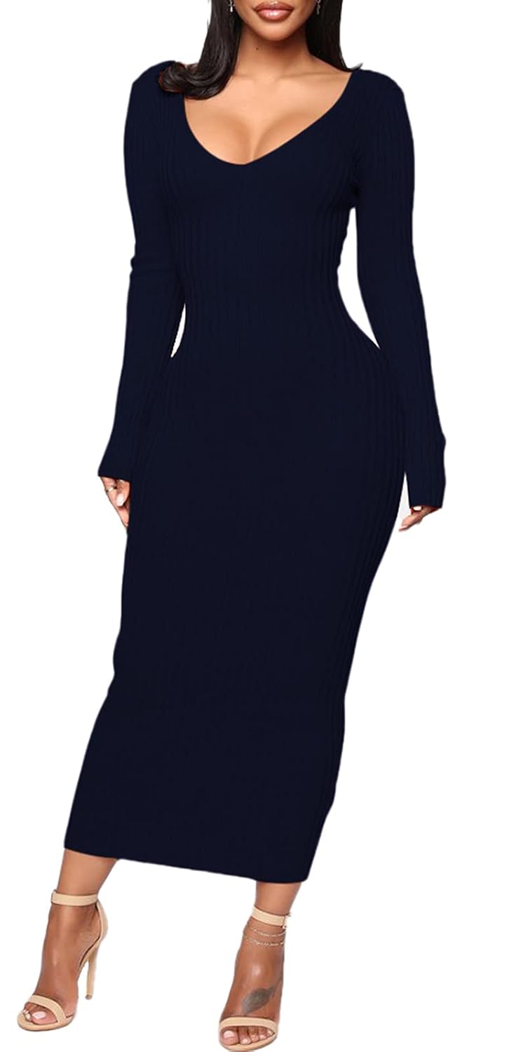 BestGirl Womens Sexy Ribbed Sweater Dresses Bodycon V Neck Off Shoulder Long Sleeve Lightweight Knit Midi Dress