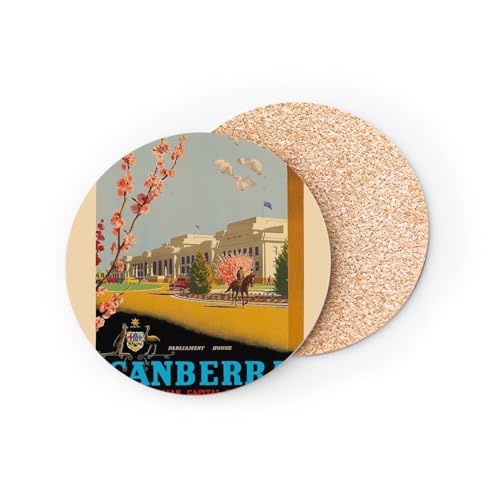 sous Verre Ronds Base Liège- Canberra Australie Affiche Poster Vintage Tourisme Art Deco 30's - 1 unité (95 x 95 mm)