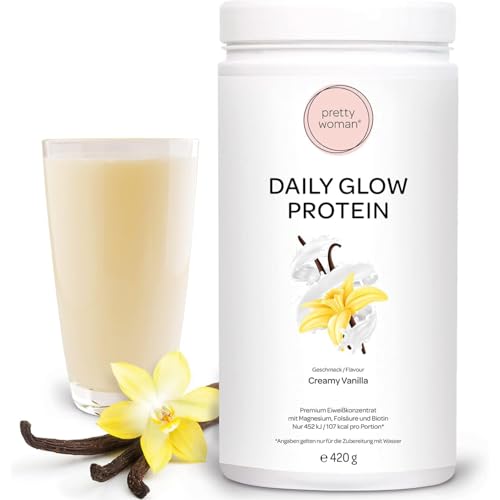 pretty woman® Daily Glow Eiweiss Protein Pulver für Frauen „Creamy Vanilla“ 420 g/Low Carb Shake mit Vitaminen & Mineralien, Biotin & Folsäure - nur 0,5g Zucker pro Portion