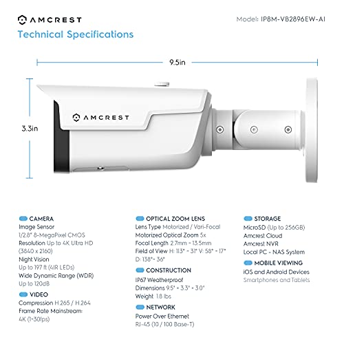 Amcrest 4K Optical Zoom Ai Ip Poe Camera, Varifocal 8Mp Outdoor Ip Poe Camera Bullet, Face Detection, Human & Vehicle Detection, 2.7Mm~13.5Mm Lens, Ip67, 5X Optical Zoom, (Ip8M-Vb2896Ew-Ai) #TOP2