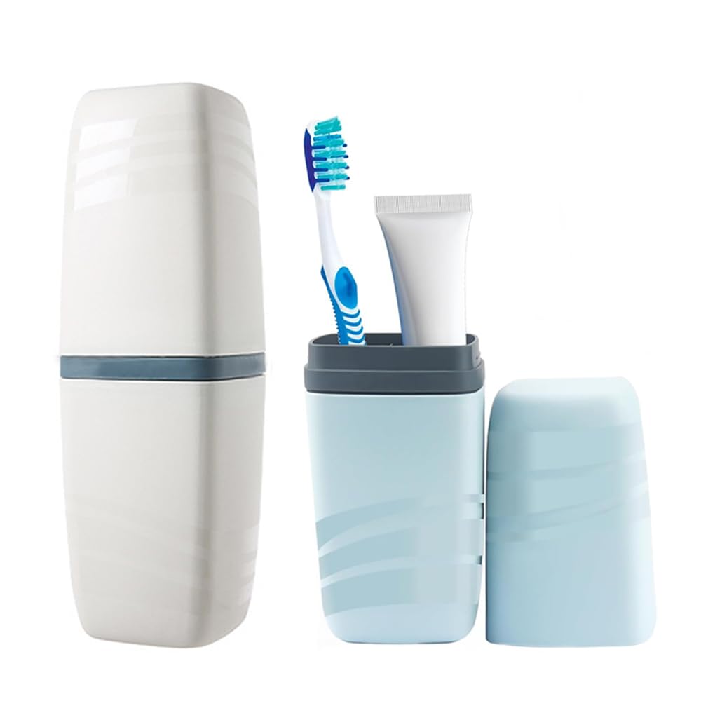 Portaspazzolini Da Viaggio 2 Pezzi - Custodia Rigida Con Portadentifricio, Grigio E Blu - Foto 7