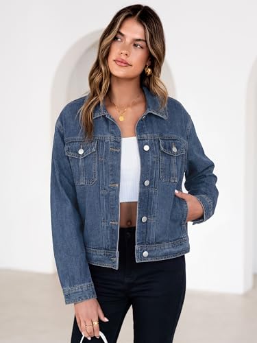 Image of Glamaker Womens Jean Jacket 2026 Casual Basic Trendy Button Down Long Sleeve denim Jacket Coat With Pockets