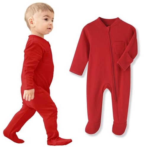 Image of Baby Pajamas with Mitten Cuffs, Footie Infant Sleeper with Long Sleeve & 2 Way Zipper, Cotton Baby Sleep and Play 0-12 Months